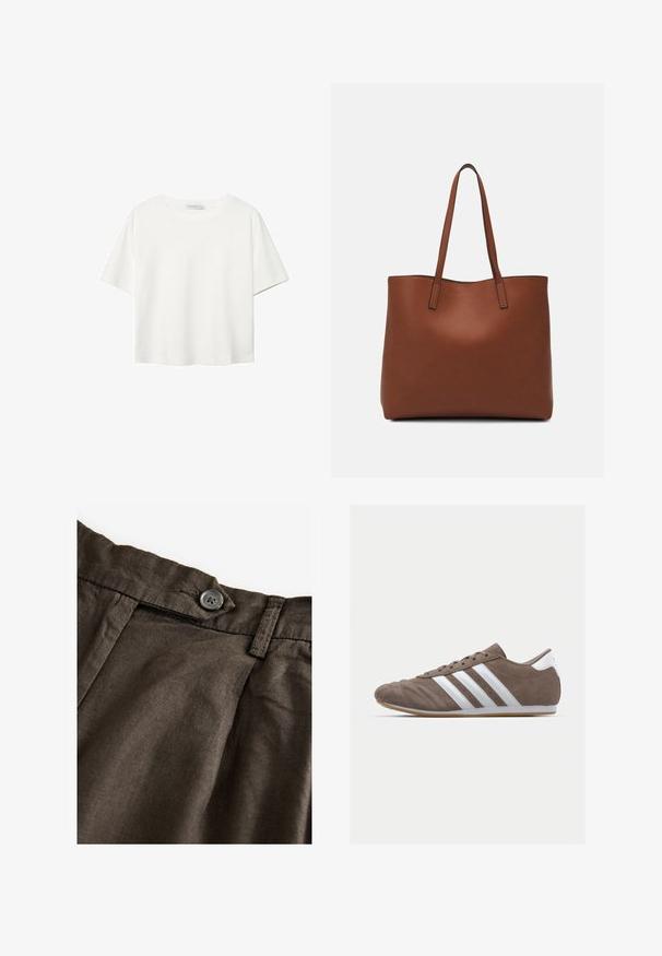 Bijela majica kratkih rukava od pamuka. Ima okrugli izrez i opušteni kroj. Glatka tekstura bez vidljivih uzoraka ili naglasaka.; Smeđe lanene hlače s kopčanjem na dugme, nabranim prednjim dijelom i teksturiranim materijalom. Pojas je strukturiran s vidljivim šavovima.; Smeđi zamakani sportski tenisice s bijelim prugama, okrugli vrh, vezanje, i potplat od gumene smole. Teksture gornjeg dijela s detaljima šivanja.; Smeđa kožna torba preko ramena s glatkom teksturom, otvorenim vrhom i dvjema naramenicama. Ima minimalne šavove i nema vidljivog hardvera.