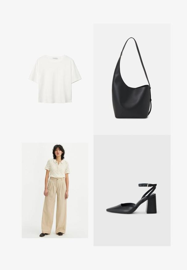 Witte korte mouwen t-shirt van katoen. Heeft een ronde halslijn en een ontspannen pasvorm. Glad textuur zonder zichtbare patronen of accenten.; Beige hoge taille broek met wijde pijpen en plooien, gecombineerd met een crèmekleurige, gestructureerde, korte mouwen gebreide cardigan. Zwarte schoenen.; Zwarte leren puntige pump met een enkelbandje en een chunky hak. Vlakke textuur, strakke vormgeving en minimalistische esthetiek.; Zwarte leren hobo tas met een gladde textuur, kromme vorm en een enkele verstelbare schouderband; heeft een brede opening aan de bovenkant.