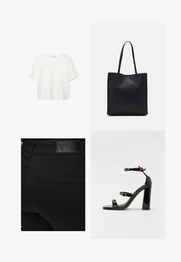 Biela krátkopsová tričko vyrobené z bavlny. Má okrúhly výstrih a voľný strih. Hladká textúra bez viditeľných vzorov alebo akcentov.; Čierne úzke džínsy s hladkou textúrou. Obsahujú nášivku VMD na páse, detail na zadnej vrecku a priliehavý strih.; Čierne lakované sandále na podpätku so štvorcovou špičkou, navlečenými remienkami okolo členku a striebornými prackami. Disponujú masívnym blokovým podpätkom pre stabilitu.; Čierna kožená taška na rameno s hladkým povrchom, obdĺžnikovým tvarom a dvoma dlhými uchami. Bez viditeľného kovania alebo ozdôb.