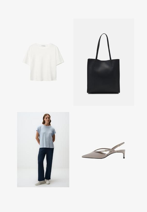 Witte korte mouwen t-shirt van katoen. Heeft een ronde halslijn en een ontspannen pasvorm. Glad textuur zonder zichtbare patronen of accenten.; Lichtblauw textuur short-sleeve top gecombineerd met donkerblauw textuur wijde broek. Model draagt witte platform sneakers. Minimalistische achtergrond.; Beige slingback hakken met een spitse neus, dunne kruislings gespen en een korte stiletto hak. Zachte stof met accenten van goudkleurig beslag.; Zwarte leren handtas met een gladde textuur, rechthoekige vorm en twee lange handvaten. Geen zichtbare hardware of versieringen.