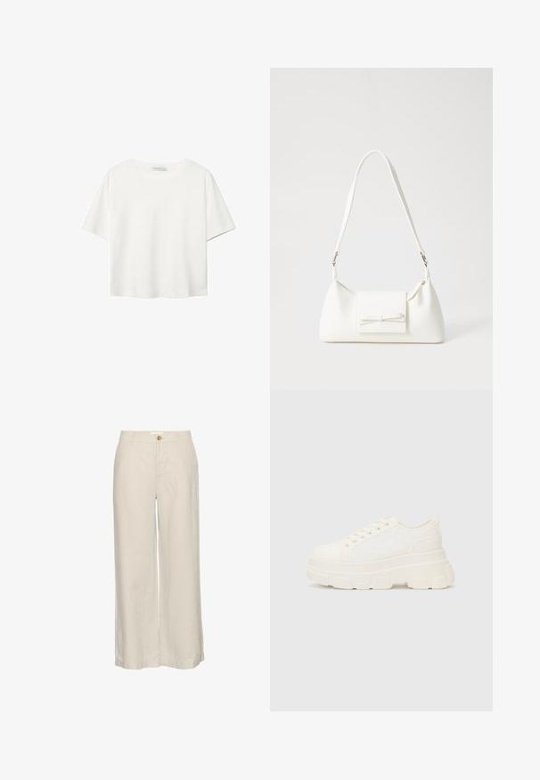 Bílý krátký rukáv tričko vyrobené z bavlny. Má kulatý výstřih a volný střih. Hladký materiál bez viditelných vzorů nebo akcentů.; Světlé béžové široké lněné kalhoty s knoflíkovým zapínáním, které mají hladkou texturu a minimální švy na lemu.; Bílé plátěné tenisky s robustní podrážkou, zaoblenou špičkou a pěti otvory pro tkaničky. Zádový pásek pro snadné obouvání. Hladký povrch, minimalistický design.; Bílá syntetická kabelka v trojúhelníkovém tvaru, s plochým předním klopným víkem a detailem mašle, nastavitelným popruhem, hladkým povrchem a minimalistickým designem.