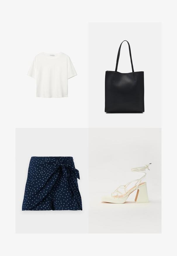 Vit t-shirt med kort ärm i bomull. Har en rundad halsringning och en avslappnad passform. Slät textur utan synliga mönster eller detaljer.; Marinblå shorts med en omslagdesign och knytning fram. Har ett spritt cirkulärt mönster i vitt. Tillverkad av lättviktsmaterial.; Vit högklackad sandal med en kraftig klack, med ett remdesign och ankelband. Slät textur med en plattform framtill för ökad höjd.; Svart lädertoffelväska med slät textur, rektangulär form och två långa handtag. Ingen synlig hårdvara eller dekorationer.