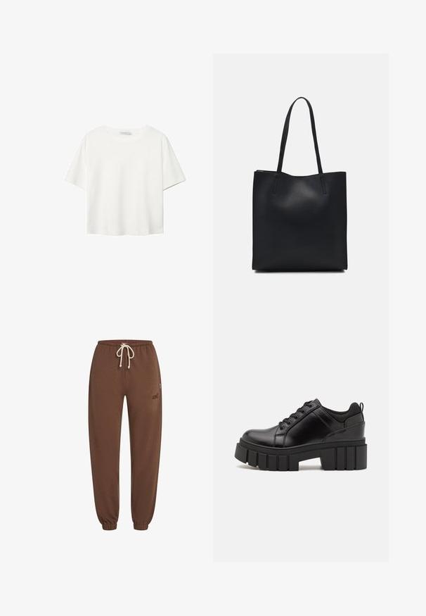 White short-sleeve t-shirt made of cotton. Features a crew neckline and a relaxed fit. Smooth texture with no visible patterns or accents.; Brown sweatpants made of soft fabric, featuring an elastic waistband with drawstring, tapered legs, and a logo accent on the side.; Black leather platform shoes with a chunky block heel, round toe, and traditional lace-up design. Features smooth texture and minimal detailing.; Black leather tote bag with smooth texture, rectangular shape, and two long handles. No visible hardware or embellishments.