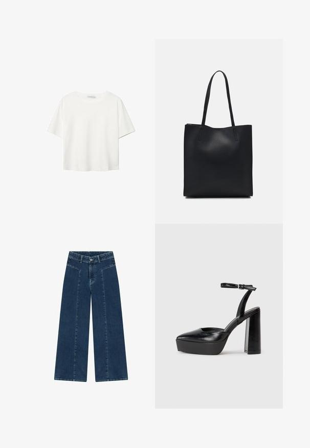 Witte korte mouwen t-shirt van katoen. Heeft een ronde halslijn en een ontspannen pasvorm. Glad textuur zonder zichtbare patronen of accenten.; Lange denim jeans in een donkere wassing, met een hoge taille, voorkeurszakken en een soepele textuur. De stiksels zijn licht contrasterend.; Zwarte plateauhakken met een puntige neus en verstelbare enkelband. Gemaakt van soepel leer, met een robuuste blokhak.; Zwarte leren handtas met een gladde textuur, rechthoekige vorm en twee lange handvaten. Geen zichtbare hardware of versieringen.