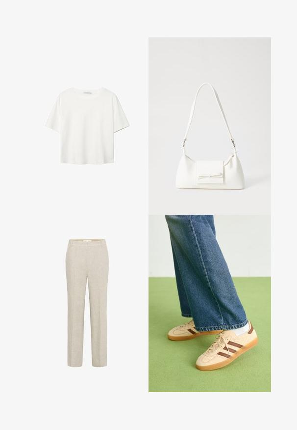 Bela kratka majica s kratkimi rokavi iz bombaža. Ima okroglo izrezovanje in sproščen kroj. Gladka tekstura brez vidnih vzorcev ali poudarkov.; Svijetlosmeđe lanene hlače ravnog kroja, s ravnim prednjim dijelom, bočnim džepovima i čistim linijama za minimalistički dizajn.; Bež teniske z teksturiranimi kremnimi paneli in rjavimi črtami, v kombinaciji z modrimi kavbojkami. Kavbojke imajo široke hlačnice in raztrgan rob.; Bela sintetična torbica v obliki trikotnika, z ravnim sprednjim poklopcem in detajlom mašne, nastavljivim trakom, gladko teksturo in minimalističnim dizajnom.