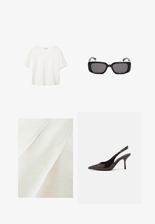 Weißes T-Shirt mit kurzen Ärmeln aus Baumwolle. Hat einen Rundhalsausschnitt und eine lockere Passform. Glatte Textur ohne sichtbare Muster oder Akzente.; Textilstoff in Off-White mit einer subtilen strukturierten Webart, die sanfte Falten und schwache Sprenkel aufweist. Glatte, weiche Oberfläche.; Slingback-Pumps aus glänzendem dunklen braunen Lackleder, mit spitzer Zehenpartie, offenen Seiten und verstellbarem Knöchelriemen.; Schwarze rechteckige Sonnenbrille mit dunklen Gläsern, glattem Kunststoffrahmen und gebogenen Bügeln. Das Design ist klobig mit einer minimalistischen Ästhetik.
