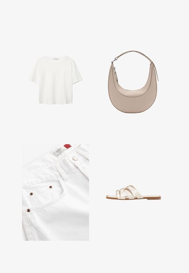 Biała koszulka z krótkim rękawem, wykonana z bawełny. Posiada okrągły dekolt i luźny krój. Gładka faktura bez widocznych wzorów czy akcentów.; Białe dżinsowe szorty z średnim stanem, pięcioma kieszeniami i akcentami w kolorze miedzi. Teksturowany materiał z haftowanymi detalami.; Płaskie sandały z brązową gumową podeszwą, zaprojektowane z trzema nakładającymi się na siebie białymi skórzanymi paskami i małym detalem w postaci kokardy na środku.; Beżowa skórzana torba na ramię o kształcie półksiężyca, gładkiej fakturze i pojedynczym zakrzywionym uchwycie. Posiada zamek błyskawiczny oraz staranne przeszycia.