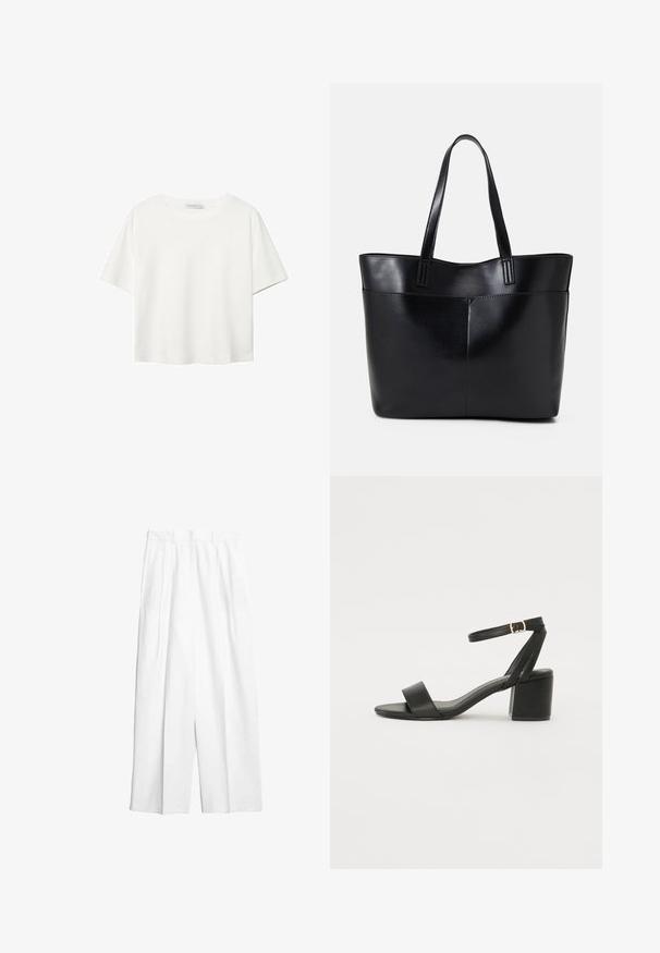 Weißes T-Shirt mit kurzen Ärmeln aus Baumwolle. Hat einen Rundhalsausschnitt und eine lockere Passform. Glatte Textur ohne sichtbare Muster oder Akzente.; Weiße, weit geschnittene Hosen mit glatter Textur, vorderen Falten und hoher Taille. Keine sichtbaren Beschläge oder Akzente.; Schwarze High Heels Sandalen mit einem glatten Lederoberteil, offener Zehenpartie, breiten Vorderstraps und verstellbarem Knöchelriemen mit einem goldenen Schnallen-Detail.; Schwarze Leder-Shopper-Tasche mit zwei langen Griffen, einer glatten Textur und einer strukturierten Form. Verfügt über eine Vordertasche für zusätzlichen Stauraum.