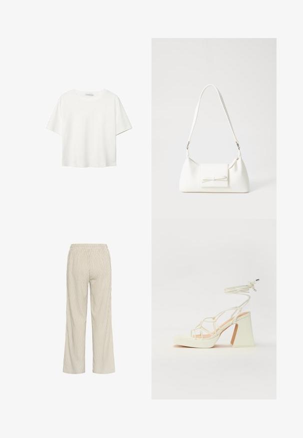 Bela kratka majica s kratkimi rokavi iz bombaža. Ima okroglo izrezovanje in sproščen kroj. Gladka tekstura brez vidnih vzorcev ali poudarkov.; Svetlo bež prugaste hlače širokega kroja, z elastičnim pasom in navpičnimi črtami, ki ustvarjajo teksturiran videz.; Bela sandala na visokih petah s debelim petam, ki ima obliko trakcev in vezanje okoli gležnja. Gladka tekstura z platformo spredaj za dodatno višino.; Bela sintetična torbica v obliki trikotnika, z ravnim sprednjim poklopcem in detajlom mašne, nastavljivim trakom, gladko teksturo in minimalističnim dizajnom.