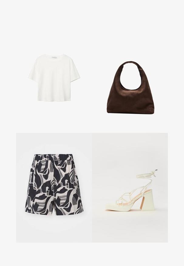 Biela krátkopsová tričko vyrobené z bavlny. Má okrúhly výstrih a voľný strih. Hladká textúra bez viditeľných vzorov alebo akcentov.; Čierne a krémové vzorované šortky s abstraktnými dizajnmi, elastickým pásom a voľným strihom, vyrobené z ľahkej tkaniny.; Biele sandále na vysokom opätku s hrubým podpätkom, s pruhovaným dizajnom a viazaním na členku. Hladký povrch s platformou vpredu pre zvýšenú výšku.; Svetlohnedá kabelka v štýle hobo s jedným širokým popruhom a zakriveným otváraním na vrchu, vystavená na bielom pozadí.