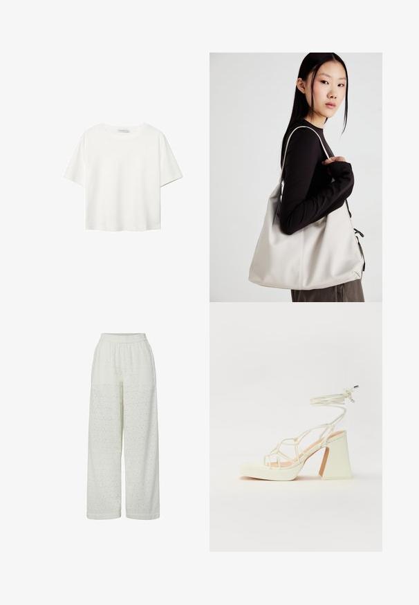 Biała koszulka z krótkim rękawem, wykonana z bawełny. Posiada okrągły dekolt i luźny krój. Gładka faktura bez widocznych wzorów czy akcentów.; Białe, szerokie spodnie z teksturowanym wzorem i wyhaftowanymi otworami. Posiadają elastyczny pas dla regulowanego dopasowania.; Biała sandał na wysokim obcasie z masywnym słupkiem, z paskowym wzorem i wiązaniem przy kostce. Gładka faktura z platformą z przodu dla dodatkowej wysokości.; Beżowa torebka wykonana z miękkiego materiału, charakteryzująca się luźnym fasonem, wyszywanymi detalami i dwoma uchwytami na ramię. Idealna na co dzień.