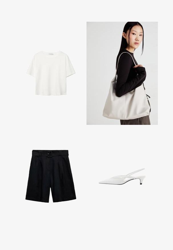 Valkoinen lyhythihainen T-paita, joka on tehty puuvillasta. Siinä on pyöreä kaula-aukko ja rento malli. Silkkinen pinta ilman näkyviä kuvioita tai koristeita.; Mustat pellavashortsit, joissa on leveä malli, vyölenkki, laskokset ja kaksi sivutaskua. Liukas tekstuuri ja yksivärinen.; Valkeat nilkkaremmikengät, joissa on terävä kärki, sileä päällinen, hienovaraiset aukot ja matala lohkopohja. Musta pohja korostaa muotoilua.; Beige laukku, joka on valmistettu pehmeästä materiaalista, ja siinä on rento muotoilu, ommeltu yksityiskohtia ja kaksi olkahihnaa. Sopii päivittäiseen käyttöön.
