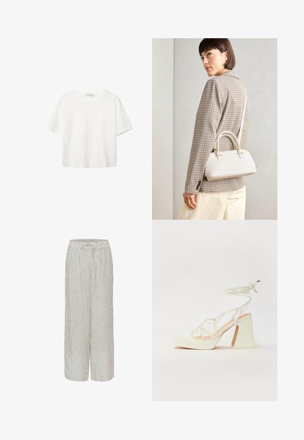 Hvid kortærmet t-shirt lavet af bomuld. Har en rund halsudskæring og en afslappet pasform. Glat tekstur uden synlige mønstre eller detaljer.; Blanding af hør brede bukser med stribet mønster i beige og grå. Har elastrisk talje med snøre og to forlommer.; Hvide højhælede sandaler med en kraftig hæl, der har et stropdesign og ankelbinding. Glat tekstur med en platform foran for ekstra højde.; Hvid struktureret taske med korte håndtag og en skulderrem, prydet med guldfarvede hardwaredetaljer og tekstureret materiale, præsenteret mod en grå baggrund.