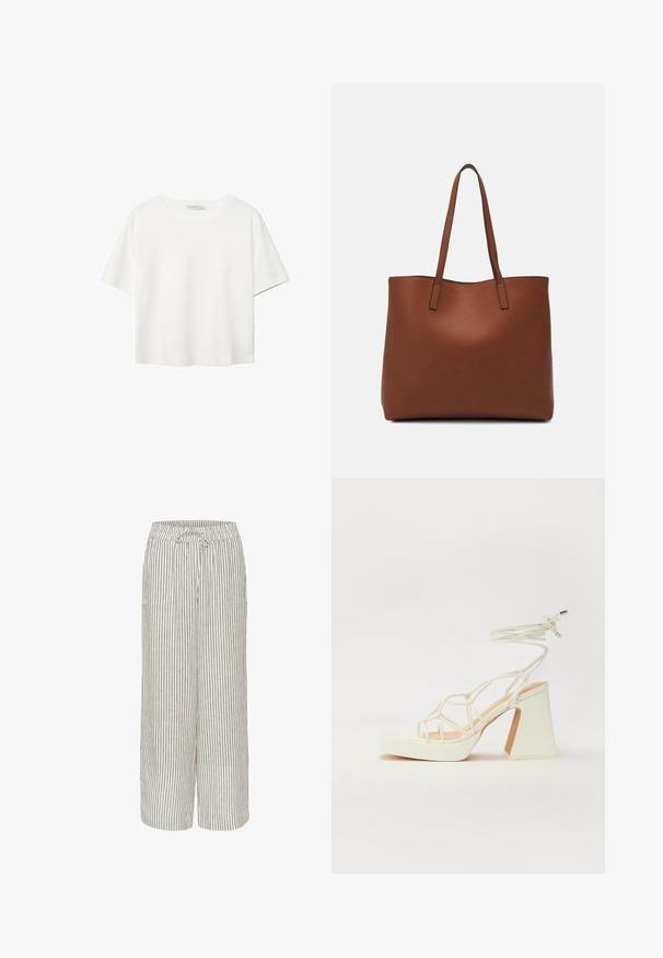 T-shirt blanc à manches courtes en coton. Doté d'un col ras du cou et d'une coupe décontractée. Texture lisse sans motifs ni accents visibles.; Pantalons larges en mélange de lin avec un motif rayé beige et gris. Comprend une taille élastique avec cordon de serrage et deux poches avant.; Sandale blanche à talons hauts avec un talon épais, présentant un design à lanières et un lien autour de la cheville. Texture lisse avec une plateforme à l'avant pour une hauteur supplémentaire.; Sac fourre-tout en cuir marron avec une texture lisse, design à ouverture supérieure et deux poignées pour le porter à l'épaule. Présente des coutures minimales et aucun matériel visible.