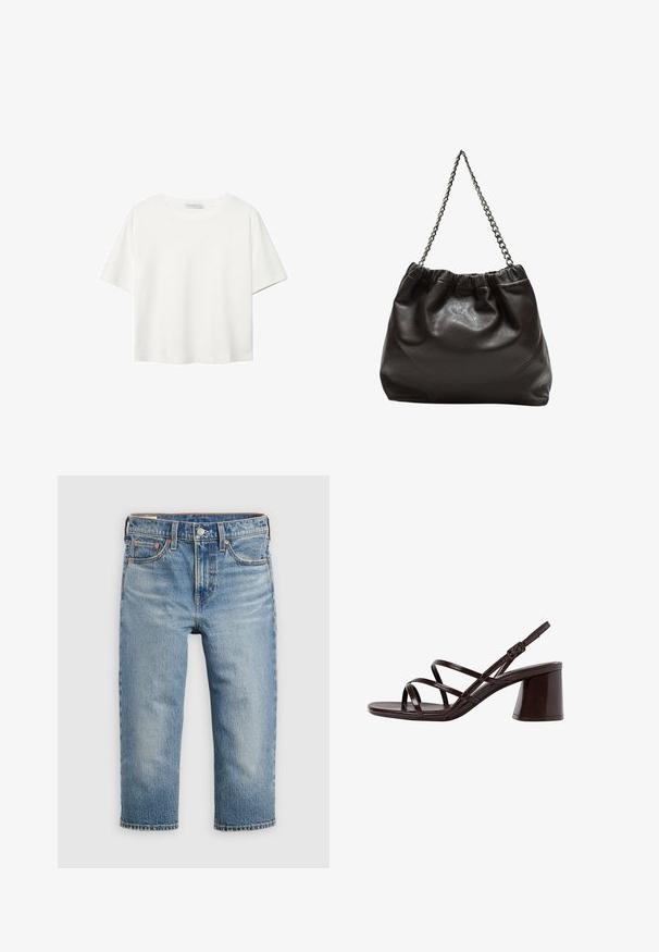 Bijela majica kratkih rukava od pamuka. Ima okrugli izrez i opušteni kroj. Glatka tekstura bez vidljivih uzoraka ili naglasaka.; Svijetloplave traperice ležernog kroja, skraćene duljine, s pet džepova i zatvaranjem na metalni gumb. Izblijedjela tekstura s diskretnim detaljima šavova.; Smeđe sandale na visokoj potpetici s debelom potpeticom, s glatkim, sjajnim završetkom i višestrukim ukrštanjem trakica na gornjem dijelu.; Smeđa kožna torba s naboranim vrhom i lančićem za nošenje. Glatka tekstura s sjajnim završetkom i suptilnim šavnim detaljima sa strane.