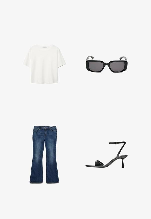 Bela kratka majica s kratkimi rokavi iz bombaža. Ima okroglo izrezovanje in sproščen kroj. Gladka tekstura brez vidnih vzorcev ali poudarkov.; Svetlo modri flare kavbojki s srednjim pranjem, ki imajo pet žepov, sprednjo zapiranje na gumb in šivano obrobje ob šivih.; Bershka Sandali z visoko peto - black; Črne pravokotne sončne očala z temnimi lečami, gladkim plastičnim okvirjem in ukrivljenimi nogicami. Oblika je robustna in minimalistična.; Bela pletena usnjena torbica z zlatom obarvanim ročajem, odstranljivim naramnim trakom in zaobljenim dnom. Ima zadrgo na vrhu.