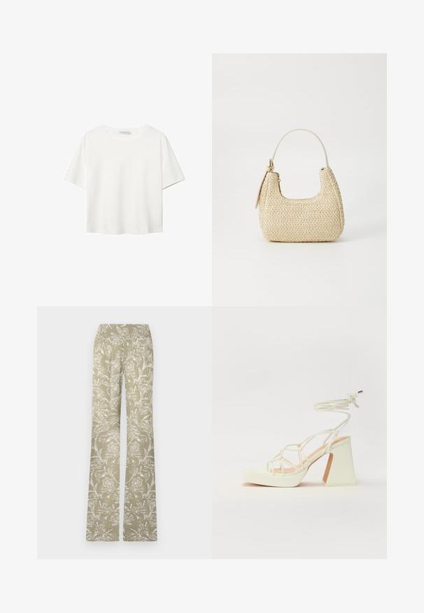 Valkoinen lyhythihainen T-paita, joka on tehty puuvillasta. Siinä on pyöreä kaula-aukko ja rento malli. Silkkinen pinta ilman näkyviä kuvioita tai koristeita.; Viehkaaretsit vaaleanvihreässä kankaassa, jossa on valkoisia kukkakuviota. Ominaisuuksiin kuuluu joustava vyötärö ja teksturoitu pinta.; Valkoinen korkokenkä, jossa on paksu korko, ja joka sisältää nauhakiinnityksen ja nilkkaketjun. Sujuva pinta, jossa on platform-etupohja lisäkorkeutta varten.; Kudottu olkilaukku vaaleanbeigessä, kaarevassa muodossa, lyhyellä hihnalla ja sivuvetoketjulla. Ominaisuuksiin kuuluu teksturoidumpaa pintaa ja minimalistinen muotoilu.