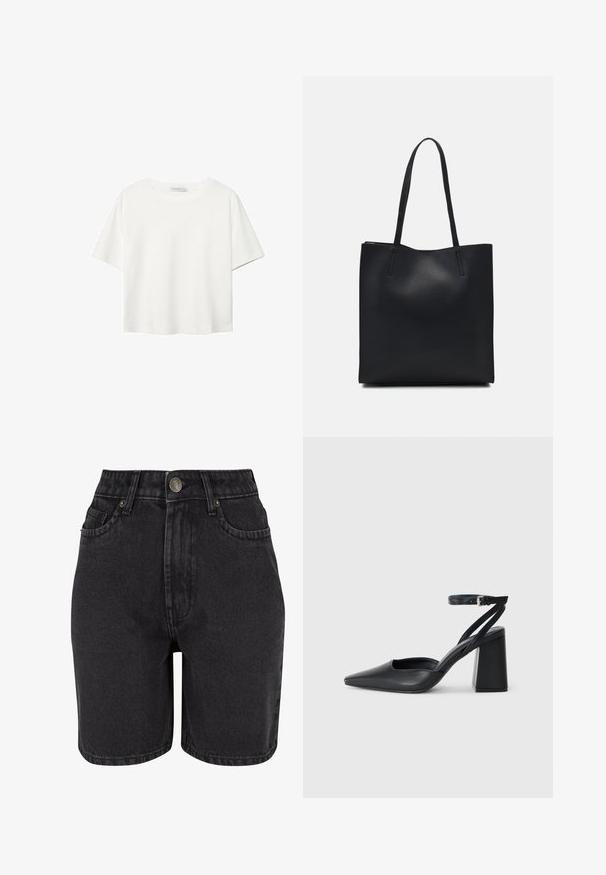 Biela krátkopsová tričko vyrobené z bavlny. Má okrúhly výstrih a voľný strih. Hladká textúra bez viditeľných vzorov alebo akcentov.; Čierne džínsy krátke šortky s vysokým pásom, päť vreciek a uzáverom na kovový gombík. Materiál má hladkú textúru s jemným opotrebovaním.; Čierne kožené lodičky s špicatou špičkou a členkovým remienkom, s masívnym podpätkom. Hladký povrch, elegantný dizajn a minimalistická estetika.; Čierna kožená taška na rameno s hladkým povrchom, obdĺžnikovým tvarom a dvoma dlhými uchami. Bez viditeľného kovania alebo ozdôb.