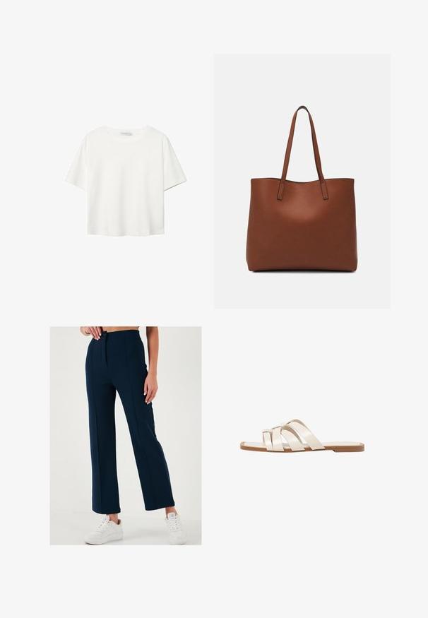 T-shirt bianco a maniche corte realizzato in cotone. Presenta un collo tondo e una vestibilità rilassata. Texture liscia senza motivi o dettagli visibili.; Pantaloni a gamba larga blu navy con una superficie liscia, chiusura anteriore con bottone e due tasche laterali, abbinati a sneakers bianche.; Infradito con suola in gomma color talpa, progettate con tre cinturini in pelle bianca sovrapposti e un piccolo dettaglio a fiocco al centro.; Borsa tote in pelle marrone con texture liscia, design con apertura superiore e due spallacci. Presenta cuciture minime e nessun hardware visibile.
