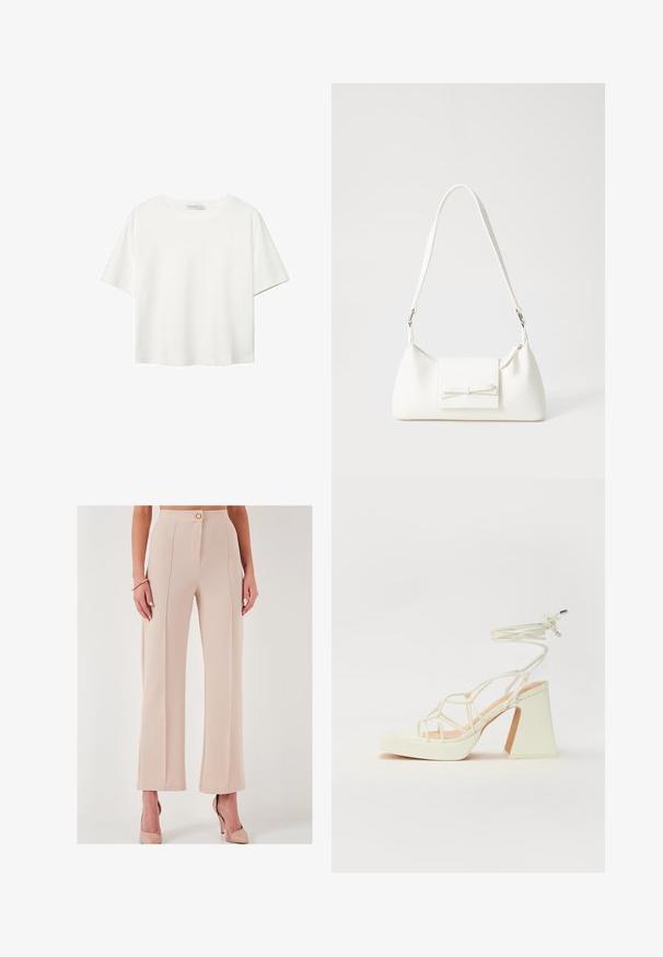 Biała koszulka z krótkim rękawem, wykonana z bawełny. Posiada okrągły dekolt i luźny krój. Gładka faktura bez widocznych wzorów czy akcentów.; Beżowe, wysokie spodnie z szerokimi nogawkami, wykonane z teksturowanej tkaniny, z zapięciem na guzik z przodu i kieszeniami po bokach, o czystym wykończeniu.; Biała sandał na wysokim obcasie z masywnym słupkiem, z paskowym wzorem i wiązaniem przy kostce. Gładka faktura z platformą z przodu dla dodatkowej wysokości.; Biała syntetyczna torba o trójkątnym kształcie, płaskim przednim klapce i detalach w postaci kokardy, regulowanym pasku, gładkiej fakturze oraz minimalistycznym designie.