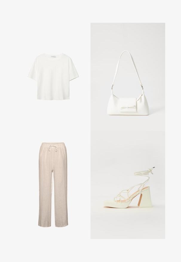 Biała koszulka z krótkim rękawem, wykonana z bawełny. Posiada okrągły dekolt i luźny krój. Gładka faktura bez widocznych wzorów czy akcentów.; Lnianowe spodnie w jasnym beżu z elastycznym pasem i sznurkiem, charakteryzujące się luźnym krojem i prostymi nogawkami.; Biała sandał na wysokim obcasie z masywnym słupkiem, z paskowym wzorem i wiązaniem przy kostce. Gładka faktura z platformą z przodu dla dodatkowej wysokości.; Biała syntetyczna torba o trójkątnym kształcie, płaskim przednim klapce i detalach w postaci kokardy, regulowanym pasku, gładkiej fakturze oraz minimalistycznym designie.