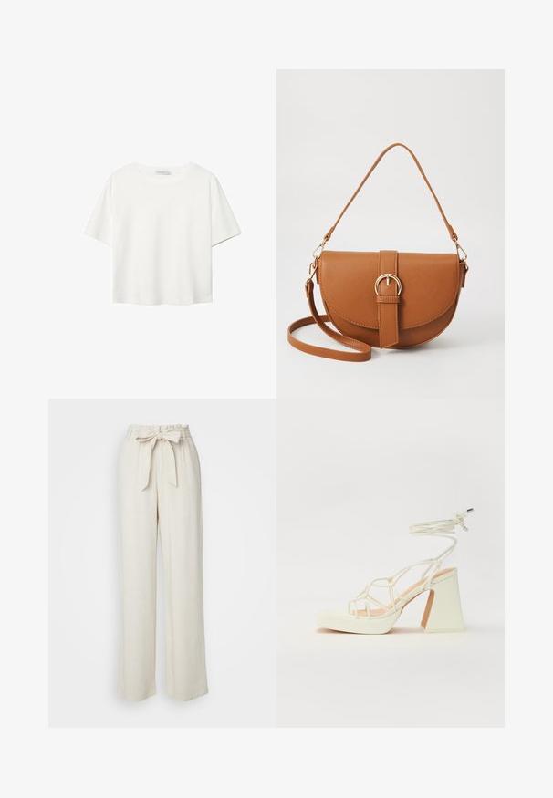 White short-sleeve t-shirt made of cotton. Features a crew neckline and a relaxed fit. Smooth texture with no visible patterns or accents.; Beige linen wide-leg pants with a belted waist, featuring a soft texture and a relaxed silhouette, suitable for casual wear.; White high-heeled sandal with a chunky heel, featuring a strappy design and ankle tie. Smooth texture with a platform front for added height.; Brown leather crossbody bag with a curved shape, gold hardware, and a buckle accent. Features a detachable shoulder strap.
