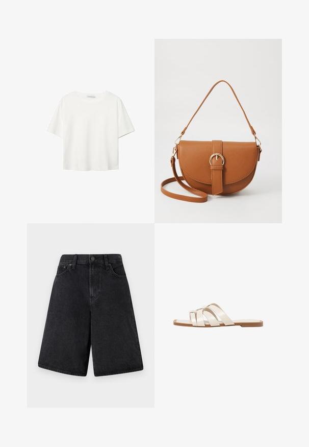 Bela kratka majica s kratkimi rokavi iz bombaža. Ima okroglo izrezovanje in sproščen kroj. Gladka tekstura brez vidnih vzorcev ali poudarkov.; Črne kavbojke kratke hlače s sproščenim krojem, z visokim pasom, petimi žepi in gumbom na sprednji strani.; Ravne sandale s svetlo rjavim gumijastim podplatom, zasnovane s tremi prekrivajočimi se belimi usnjenimi trakovi in majhnim lokom na sredini.; Rjava usnjena torbica prek telesa s ukrivljeno obliko, zlate opreme in sponko. Ima odstranljiv naramni trak.