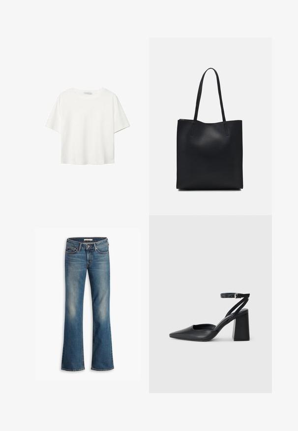 Valkoinen lyhythihainen T-paita, joka on tehty puuvillasta. Siinä on pyöreä kaula-aukko ja rento malli. Silkkinen pinta ilman näkyviä kuvioita tai koristeita.; Sininen farkkukangas bootcut-housut, joissa on viisi taskua ja nappikiinnitys. Housuissa on haalistumia reiden ja polvien alueilla.; Mustat nahkakengät, joissa on kapea kärki, nilkkaremmi ja paksu korko. Tasainen pinta, tyylikäs muotoilu ja minimalistinen estetiikka.; Mustapahkainen kangaskassi, jossa on sileä pinta, suorakaiteen muotoinen ja kaksi pitkää kahvaa. Ei näkyvää metalliosaa tai koristeita.