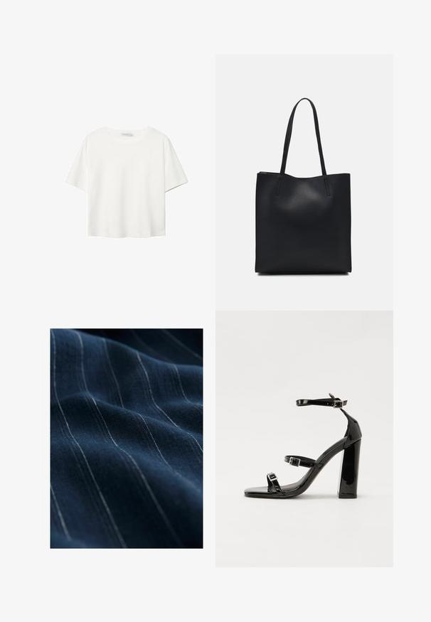 Biała koszulka z krótkim rękawem, wykonana z bawełny. Posiada okrągły dekolt i luźny krój. Gładka faktura bez widocznych wzorów czy akcentów.; Granatowy materiał z cienkimi białymi pionowymi pasami, ukazujący gładką strukturę i subtelny połysk, złożony w taki sposób, aby podkreślić swój spadek i miękkość.; Czarne lakierowane sandały na obcasie z kwadratowym noskiem, z paskami wokół kostki i srebrnymi klamrami. Posiadają masywny słupek dla stabilności.; Czarna skórzana torba tote o gładkiej fakturze, prostokątnym kształcie i dwóch długich uchwytach. Brak widocznych elementów metalowych i ozdób.