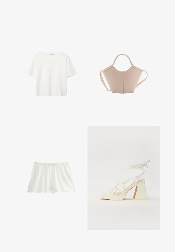 T-shirt blanc à manches courtes en coton. Doté d'un col ras du cou et d'une coupe décontractée. Texture lisse sans motifs ni accents visibles.; Shorts en coton blancs avec une taille élastique et un cordon de serrage. Tissu léger avec une finition texturée, conçu pour le confort et la respirabilité.; Sandale blanche à talons hauts avec un talon épais, présentant un design à lanières et un lien autour de la cheville. Texture lisse avec une plateforme à l'avant pour une hauteur supplémentaire.; Sac à main en cuir beige avec une forme unique, doté de deux poignées courtes et d'une longue sangle réglable. Texture lisse avec un minimum de matériel.
