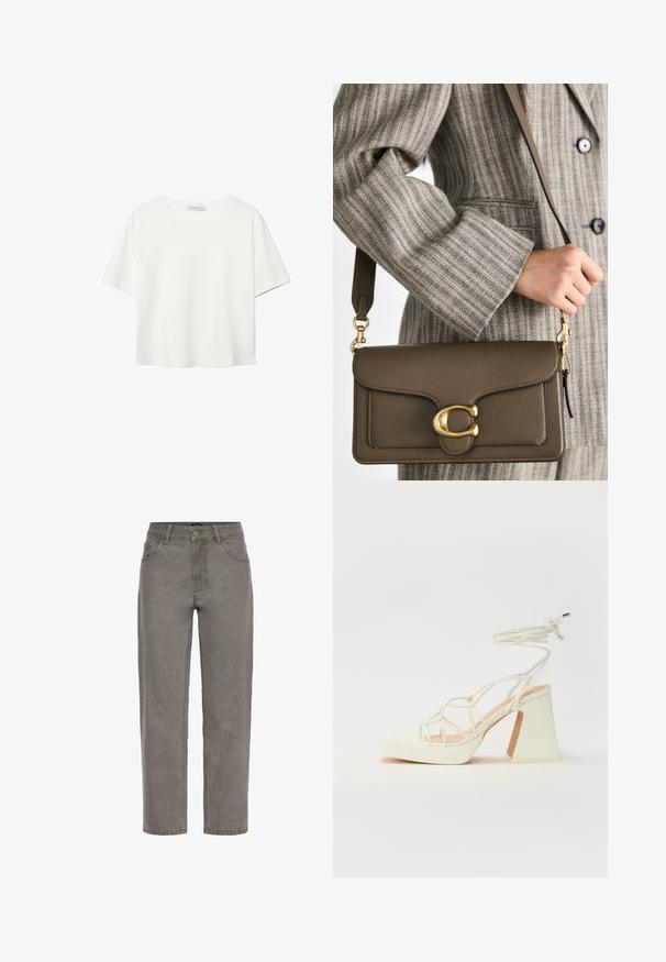 Bijela majica kratkih rukava od pamuka. Ima okrugli izrez i opušteni kroj. Glatka tekstura bez vidljivih uzoraka ili naglasaka.; Sive traperice s ravnim nogavicama, s kopčanjem na gumb, petljama za remen i dva prednja džepa. Cijela površina glatke teksture.; Bijela sandala na visokoj potpetici s debelim petom, s remenom i vezanjem oko gležnja. Glatka tekstura s platformom sprijeda za dodatnu visinu.; COACH TABBY SHOULDER BAG 26 - Ručna torba - dark stone; Zlatno-tonirani metalni manšete s udarenom teksturom, sa otvorenim dizajnom i glatkim rubovima. Prikazane su dvije veličine: jedna šira, jedna uža.