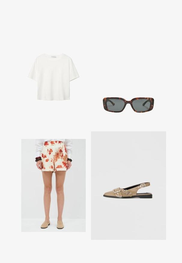 T-shirt bianco a maniche corte realizzato in cotone. Presenta un collo tondo e una vestibilità rilassata. Texture liscia senza motivi o dettagli visibili.; Pantaloni corti floreali in crema con motivi rossi e arancioni, rifiniti con pieghe sul davanti e risvolti, realizzati in tessuto leggero.; Scarpe slingback patent beige con punta affusolata, due cinturini regolabili e tacco nero basso. Texture liscia con una finitura lucida.; Occhiali da sole tartaruga con lenti rettangolari, montatura spessa e lenti scure. Texture liscia e design minimalista.