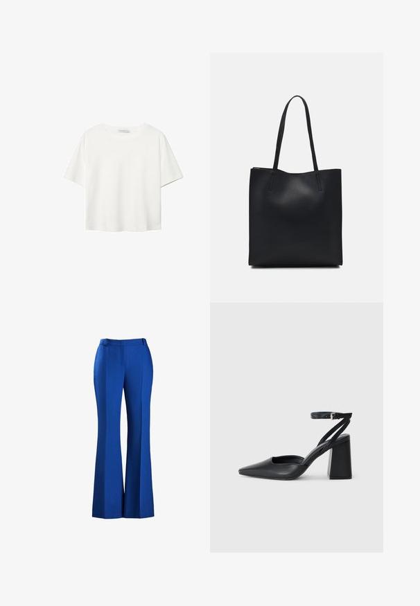 Bijela majica kratkih rukava od pamuka. Ima okrugli izrez i opušteni kroj. Glatka tekstura bez vidljivih uzoraka ili naglasaka.; Plave hlače širokog kroja izrađene od teksturiranog materijala, s uskim strukom i detaljem nabora sprijeda, pogodne za formalnu ili ležernu odjeću.; Crne kožne cipele s špicastim vrhom, remenom oko gležnja i debelim potplatom. Ravna tekstura, elegantan dizajn i minimalistička estetika.; Crna kožna torba za nošenje s glatkom teksturom, pravokutnim oblikom i dvije duge ručke. Nema vidljivih metalnih dijelova ili ukrasa.