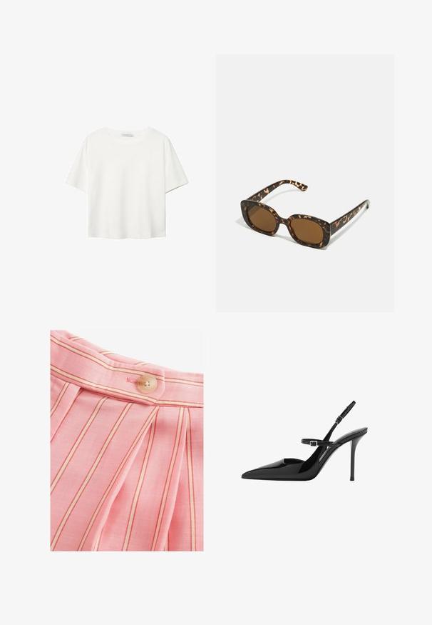 Weißes T-Shirt mit kurzen Ärmeln aus Baumwolle. Hat einen Rundhalsausschnitt und eine lockere Passform. Glatte Textur ohne sichtbare Muster oder Akzente.; Helles rosa Fabric mit vertikalen roten Streifen, entspannten Falten und einer abgerundeten Knopfverschlusseinstellung am Bund. Glatte Textur.; Schwarze Lackleder Slingback-High Heels mit spitzem Zeh, verstellbarem Riemen und Stiletto-Absatz. Glatte Oberfläche mit glänzendem Finish.; Schildpatt-Sonnenbrille mit einem runden, klobigen Rahmen und braunen Gläsern. Verfügt über dezente Muster und gerade, zulaufende Bügel.; Braune Wildleder-Tasche mit weicher Textur, großer Öffnung und langen Trägern. Sie verfügt über ein simples Design mit sichtbarem Stich und ohne Beschläge.