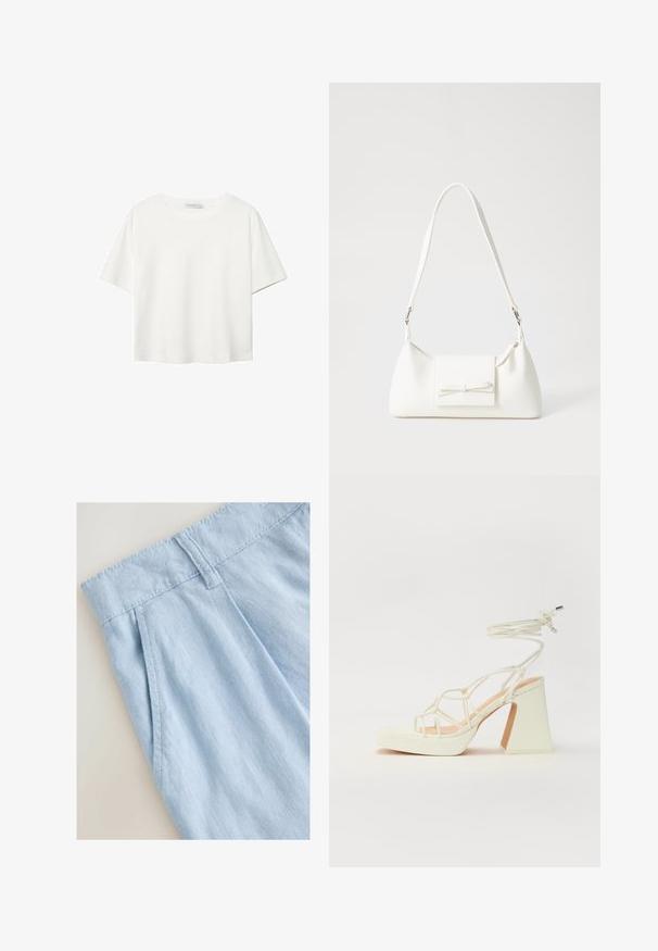 Hvid kortærmet t-shirt lavet af bomuld. Har en rund halsudskæring og en afslappet pasform. Glat tekstur uden synlige mønstre eller detaljer.; Lyseblå linnedede shorts med et plisseret design, der har en talje og syningsdetaljer. Glat tekstur og afslappet stil.; Hvide højhælede sandaler med en kraftig hæl, der har et stropdesign og ankelbinding. Glat tekstur med en platform foran for ekstra højde.; Hvid syntetisk håndtaske med en trekantet form, flad forsideklap og sløjfedetalje, justerbar strop, glat tekstur og minimalistisk design.