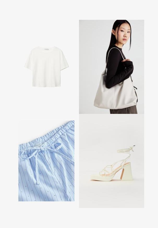 Weißes T-Shirt mit kurzen Ärmeln aus Baumwolle. Hat einen Rundhalsausschnitt und eine lockere Passform. Glatte Textur ohne sichtbare Muster oder Akzente.; Helle blaue Schlafshorts mit vertikalen Streifen und kleinen reflektierenden Nieten. Elastischer Bund mit einer Kordel zur Anpassung.; Weiße High-Heel-Sandale mit einem klobigen Absatz, die über ein Riemchendesign und ein Knöchelband verfügt. Glatte Textur mit einer Plattform vorne für zusätzliche Höhe.; Beige Handtasche aus weichem Material, mit einem lässigen Design, gesteppten Details und zwei Schulterriemen. Geeignet für den täglichen Gebrauch.