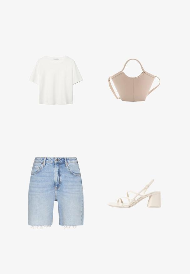 Bijela majica kratkih rukava od pamuka. Ima okrugli izrez i opušteni kroj. Glatka tekstura bez vidljivih uzoraka ili naglasaka.; QS BERMUDA HIGH RISE - Kratke hlače od trapera - blau; Bežne sandale s petom u bež boji s tankim, ukrštenim trakama, otvorenim nožnim prstima i kvadratnim blok petom. Glatki patentirani finiš, podesiva remenica oko gležnja.; Bež kožna torba jedinstvenog oblika, s dva kratka ručka i dugom podesivom trakom. Glatka tekstura s minimalnim metalnim dodacima.