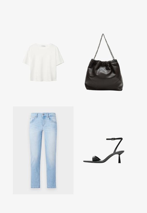 Bijela majica kratkih rukava od pamuka. Ima okrugli izrez i opušteni kroj. Glatka tekstura bez vidljivih uzoraka ili naglasaka.; Svijetloplave traperice ravnog kroja, s pet džepova i suptilnim ispucalim izgledom. Imaju metalnu kopču i petlje za remen.; Bershka Sandale s visokom petom - black; Smeđa kožna torba s naboranim vrhom i lančićem za nošenje. Glatka tekstura s sjajnim završetkom i suptilnim šavnim detaljima sa strane.