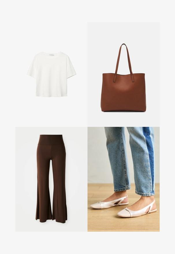 Biała koszulka z krótkim rękawem, wykonana z bawełny. Posiada okrągły dekolt i luźny krój. Gładka faktura bez widocznych wzorów czy akcentów.; Brązowe spodnie o wysokim stanie i szerokich nogawkach, o gładkiej teksturze, zaprojektowane z myślą o luźnym kroju i komfortowym noszeniu.; Jasnoróżowe baleriny na odkrytej pięcie z wąskim noskiem, wykonane z gładkiego materiału imitującego skórę. Posiadają wycięcia po bokach oraz płaski obcas.; Brązowa skórzana torba tote o gładkiej fakturze, z otwartym wierzchem i dwoma ramiączkami. Charakteryzuje się minimalnym przeszyciem i brakiem widocznych elementów metalowych.
