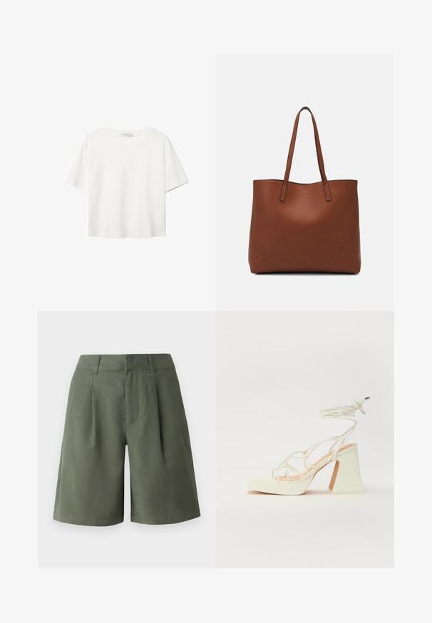 Biela krátkopsová tričko vyrobené z bavlny. Má okrúhly výstrih a voľný strih. Hladká textúra bez viditeľných vzorov alebo akcentov.; Zelené šortky vyrobené z textúrovanej látky. Majú predné sklady, bočné vrecká a rovný strih, s lemom tesne nad kolenom.; Biele sandále na vysokom opätku s hrubým podpätkom, s pruhovaným dizajnom a viazaním na členku. Hladký povrch s platformou vpredu pre zvýšenú výšku.; Hnedá kožená taška na rameno s hladkou textúrou, otvoreným vrchom a dvoma ramenými popruhmi. Má minimálne šitia a žiadne viditeľné kovania.