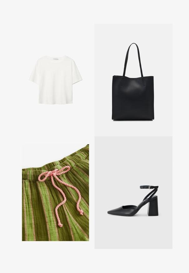 Hvid kortærmet t-shirt lavet af bomuld. Har en rund halsudskæring og en afslappet pasform. Glat tekstur uden synlige mønstre eller detaljer.; Grønt stribet stof med en blød tekstur og rosa snøre. Har lodrette striber i forskellige nuancer og en rynket talje.; Sort læder spidse pumps med ankelrem og en chunky hæl. Flad tekstur, slankt design og minimalistisk æstetik.; Sort læder tote taske med glat tekstur, rektangulær form og to lange hanke. Ingen synlig hardware eller udsmykninger.