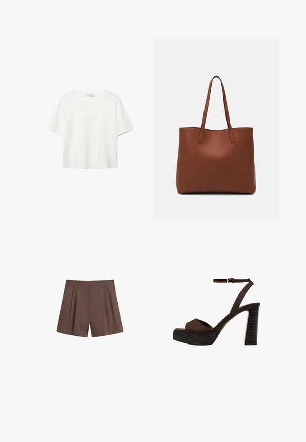 T-shirt bianco a maniche corte realizzato in cotone. Presenta un collo tondo e una vestibilità rilassata. Texture liscia senza motivi o dettagli visibili.; Pantaloni corti marroni a pieghe realizzati in un tessuto leggero. Presentano un design sartoriale con vita piatta e tasche laterali.; Sandal in camoscio marrone con tacco alto, punta aperta, cinturino alla caviglia regolabile e suola a piattaforma striata.; Borsa tote in pelle marrone con texture liscia, design con apertura superiore e due spallacci. Presenta cuciture minime e nessun hardware visibile.