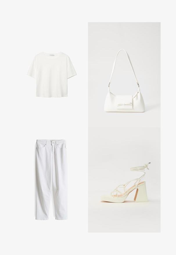 T-shirt blanc à manches courtes en coton. Doté d'un col ras du cou et d'une coupe décontractée. Texture lisse sans motifs ni accents visibles.; Pantalons en denim blanc avec une coupe décontractée, dotés d'un design classique à cinq poches, d'une fermeture à bouton à l'avant et d'une coupe droite.; Sandale blanche à talons hauts avec un talon épais, présentant un design à lanières et un lien autour de la cheville. Texture lisse avec une plateforme à l'avant pour une hauteur supplémentaire.; Sac à main synthétique blanc en forme triangulaire, avec un rabat avant plat et un détail en nœud, une bandoulière ajustable, une texture lisse et un design minimaliste.
