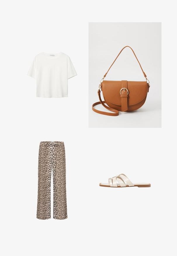 Weißes T-Shirt mit kurzen Ärmeln aus Baumwolle. Hat einen Rundhalsausschnitt und eine lockere Passform. Glatte Textur ohne sichtbare Muster oder Akzente.; Leopardenmuster-Hosen aus leichtem Stoff mit weitem Beinschnitt und Kordelzugbund. Dominante Farben sind Beige, Braun und Schwarz.; Flache Sandalen mit einer honigfarbenen Gummisohle, gestaltet mit drei überlappenden weißen Lederriemen und einem kleinen Schleifendetail in der Mitte.; Braune Leder-Crossbody-Tasche mit geschwungener Form, goldfarbenen Beschlägen und einer Schnallenakzentuierung. Verfügt über einen abnehmbaren Schultergurt.