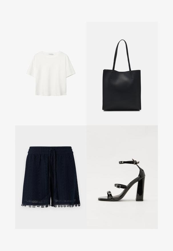 Bílý krátký rukáv tričko vyrobené z bavlny. Má kulatý výstřih a volný střih. Hladký materiál bez viditelných vzorů nebo akcentů.; Námořnické modré šortky vyrobené z háčkované tkaniny s texturovaným vzorem a krajkovým lemem na spodním okraji. Elastický pás s šňůrkou.; Černé lakované sandály na podpatku se čtveratou špičkou, lýtkovými pásky a stříbrnými přezkami. Disponují masivním blokovým podpatkem pro stabilitu.; Černá kožená taška přes rameno s hladkým povrchem, obdélníkovým tvarem a dvěma dlouhými uchy. Žádné viditelné kování ani ozdoby.