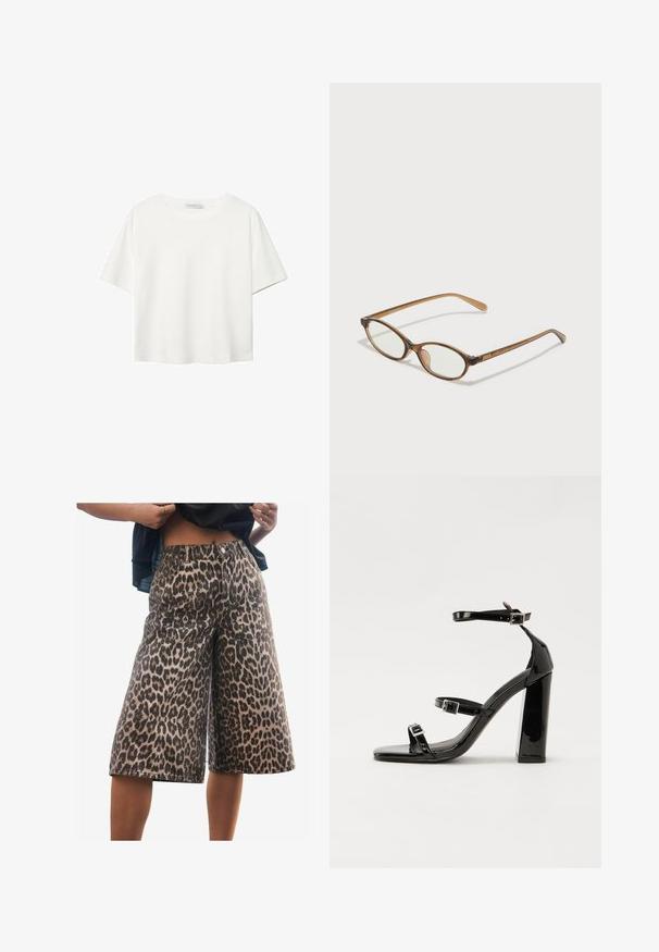 Weißes T-Shirt mit kurzen Ärmeln aus Baumwolle. Hat einen Rundhalsausschnitt und eine lockere Passform. Glatte Textur ohne sichtbare Muster oder Akzente.; Next JORT - Jeans Shorts - leopard print; Schwarze patentierte Sandalen mit Absatz, quadratischer Spitze, Knöchelriemen und silbernen Schnallen. Mit einem stabilen Blockabsatz für mehr Stabilität.; Braune Schildpatt-Brille mit ovalen Gläsern, dünnen Bügeln und transparenten Akzenten. Verfügt über ein dezentes Logo am Bügel. Elegantes, leichtes Design.; Schwarze Lederhandtasche mit geschwungener Form, abnehmbarem Tragegurt und goldenen Beschlägen. Die Tasche verfügt über einen Deckel mit einer Schnallen-Details.