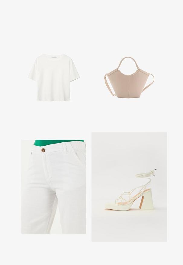 Witte korte mouwen t-shirt van katoen. Heeft een ronde halslijn en een ontspannen pasvorm. Glad textuur zonder zichtbare patronen of accenten.; LELA REGULAR FIT - Broek - white; Witte hoge hakken sandaal met een chunky hak, met een bandjesontwerp en enkelband. Gladde textuur met een plateau voor extra hoogte.; Beige leren handtas met een unieke vorm, voorzien van twee korte handvatten en een lange verstelbare schouderriem. Glad oppervlak met minimale hardware.