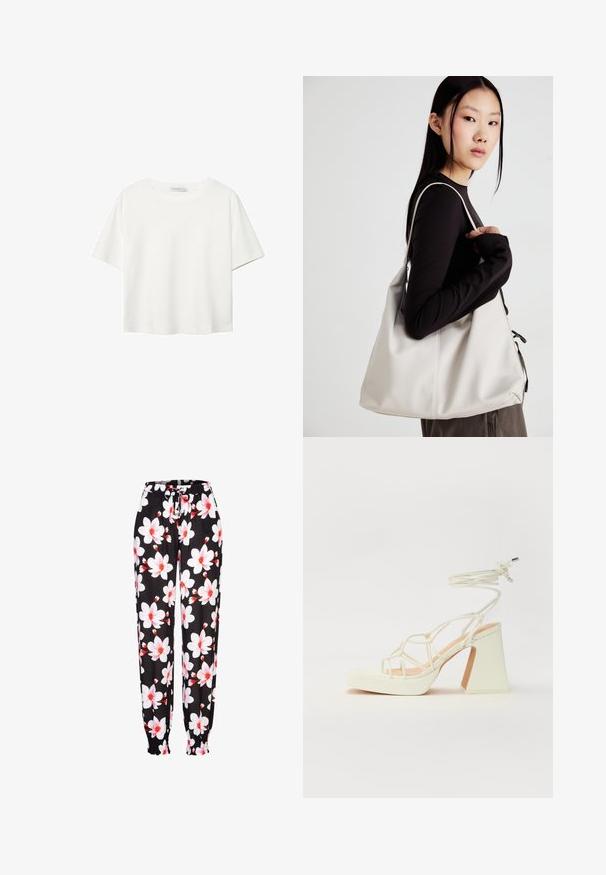 Bílý krátký rukáv tričko vyrobené z bavlny. Má kulatý výstřih a volný střih. Hladký materiál bez viditelných vzorů nebo akcentů.; Černé látkové kalhoty s bílým a červeným květinovým vzorem, elastický pas s šňůrkou a nařasené manžety. Lehce materiál.; Bílé sandály na vysokém podpatku s robustním podpatkem, s designem s pásky a zavazováním kolem kotníku. Hladký povrch s platformou vpředu pro zvýšení výšky.; Beige kabelka vyrobená z měkkého materiálu, s volným designem, prošívanými detaily a dvěma ramenními popruhy. Vhodná pro každodenní použití.