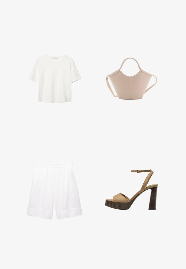 Bijela majica kratkih rukava od pamuka. Ima okrugli izrez i opušteni kroj. Glatka tekstura bez vidljivih uzoraka ili naglasaka.; Bijele pamučne bermuda hlače s elastičnim pojasom, koje imaju slobodan kroj i ušivene rubove za udobnost i lakoću kretanja.; Beige suedirane sandale s visokim potpeticama, širokom prednjom trakom i trakicom oko gležnja, s debelom drvenom blok-potpeticom s teksturiranim završetkom.; Bež kožna torba jedinstvenog oblika, s dva kratka ručka i dugom podesivom trakom. Glatka tekstura s minimalnim metalnim dodacima.