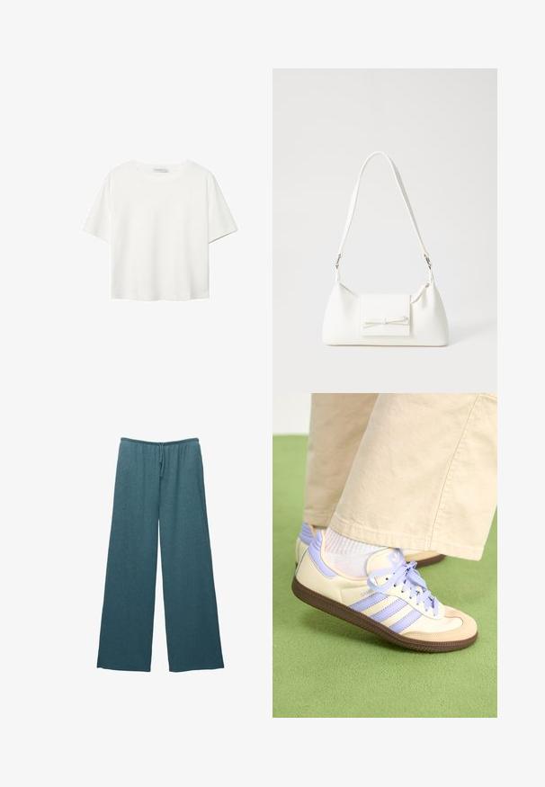Biała koszulka z krótkim rękawem, wykonana z bawełny. Posiada okrągły dekolt i luźny krój. Gładka faktura bez widocznych wzorów czy akcentów.; Szersze spodnie w kolorze lazurowym, wykonane z teksturowanej dzianiny, z elastycznym pasem w talii i sznurkiem do regulacji.; Kremowe i lawendowe trampki z trzema paskami oraz teksturowaną brązową podeszwą, wyposażone w sznurówki i wyścieloną piętę. Górna część z miękkiego materiału.; Biała syntetyczna torba o trójkątnym kształcie, płaskim przednim klapce i detalach w postaci kokardy, regulowanym pasku, gładkiej fakturze oraz minimalistycznym designie.